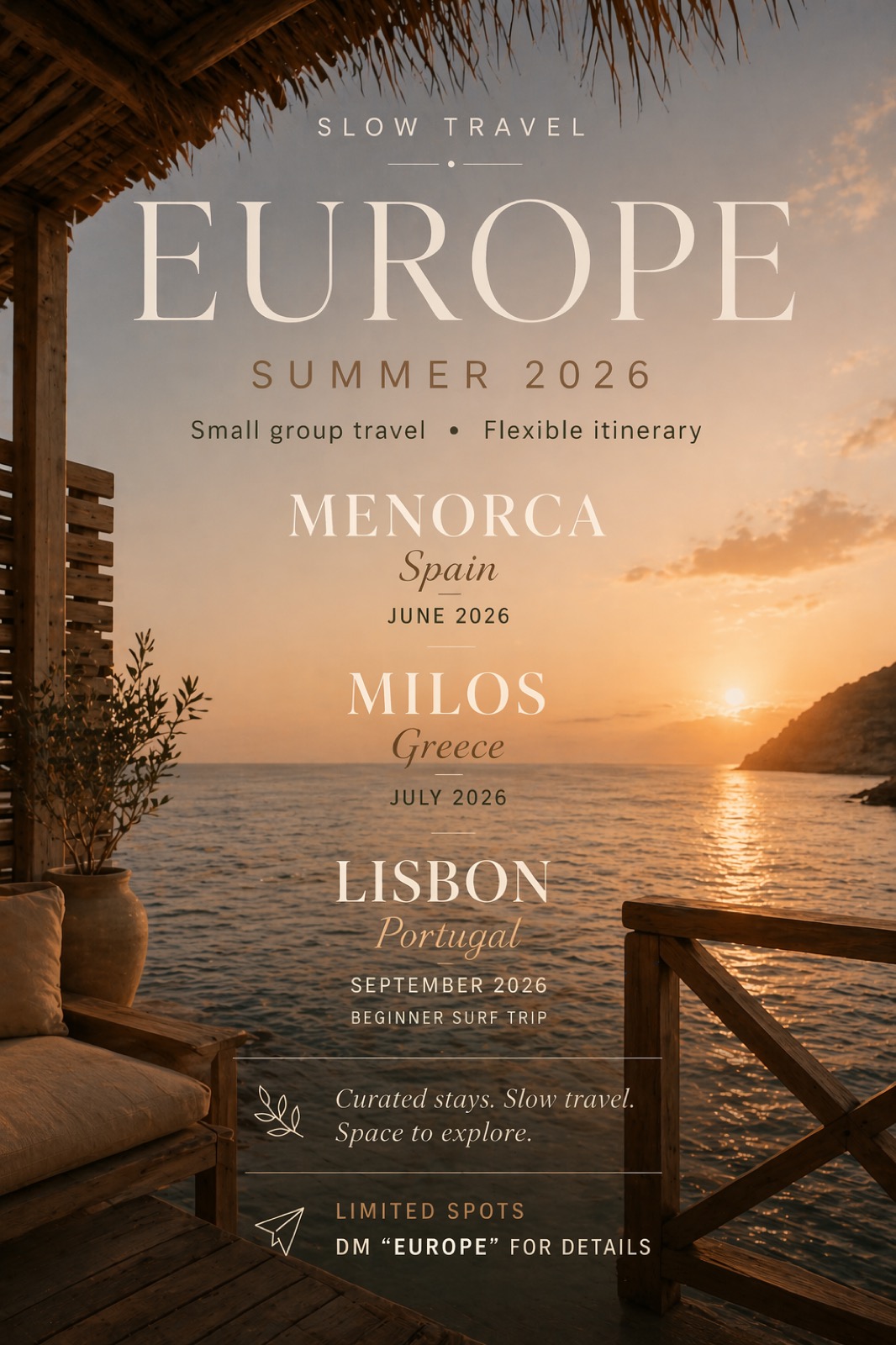 Summer 2026 Europe trip poster listing Menorca, Milos, and Lisbon